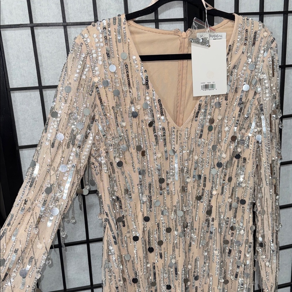 Mac Duggal 🪩 Remington Embellished Fringe Long-Sleeve Deep-V Mini Dress 93850 - Picture 11 of 11